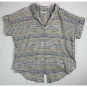 MADEWELL Lakeline‎ Popover Blue White Tan Striped Cotton Gauzy Hi-Low Hem Sz L